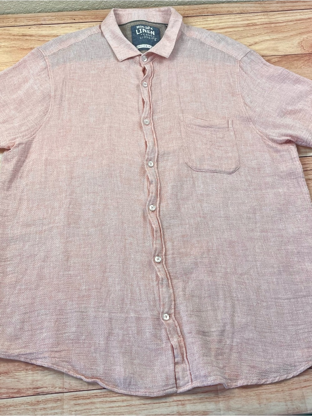 Montauk Linen Essex Crossing Mens XL Shirt Pink Woven Pocket Button Short Sleeve - Picture 2 of 10
